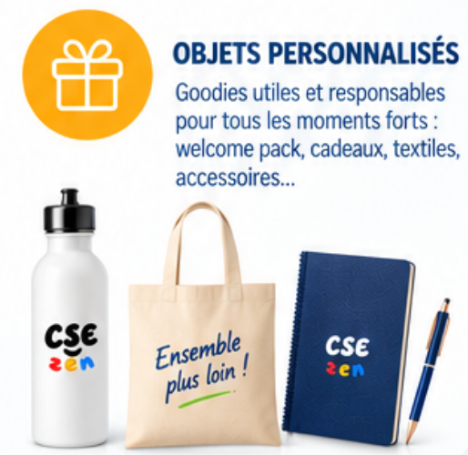 Objets personnalisés CSE : gourde, tote bag, carnet et accessoires